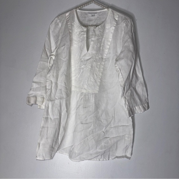 J Jill Love‎ Linen White V Neck Floral Embroidered 3/4 Sleeve Linen Tunic Top XS - Picture 1 of 7